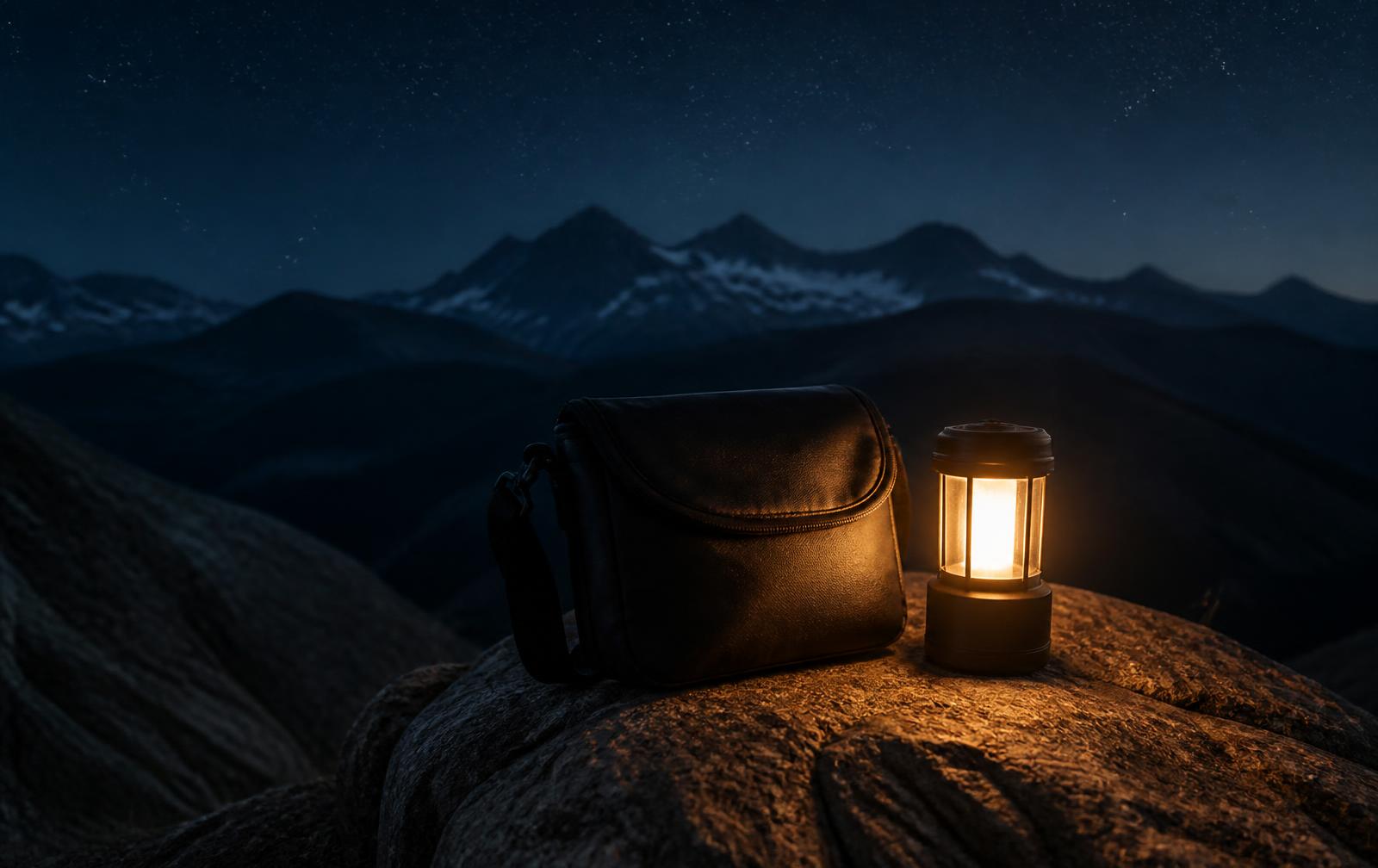 Camp lantern glowing beside a sling bag on a mountain ridge at night
